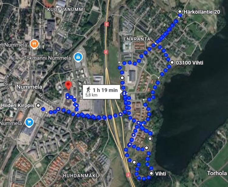 Aivan ei Google suostunut noudattamaan todellista reittiä rantaa myöden, joka tarkoitti vähän lyhempää reittiä, n. 5,5 km yh