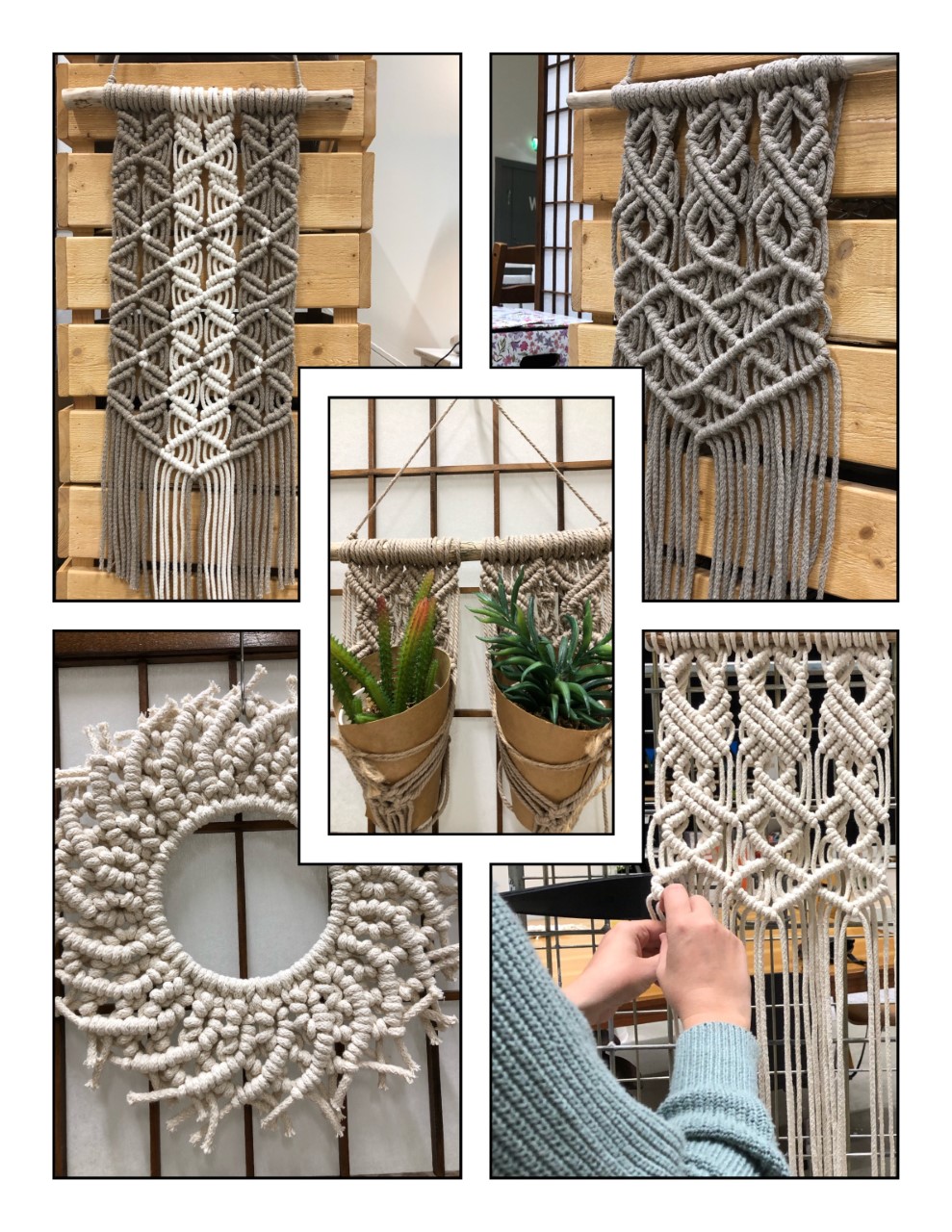 Sarja Eläkeliiton työpajassa tehtyjä makramee-töitä