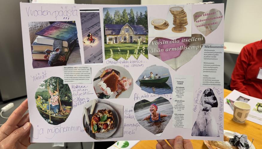 Kädet pitävät unelmakartta-kuvaa, jossa on värikkäitä leikekuvia ja kunkin vierellä pienellä käsin kirjoitettua ekstiä.